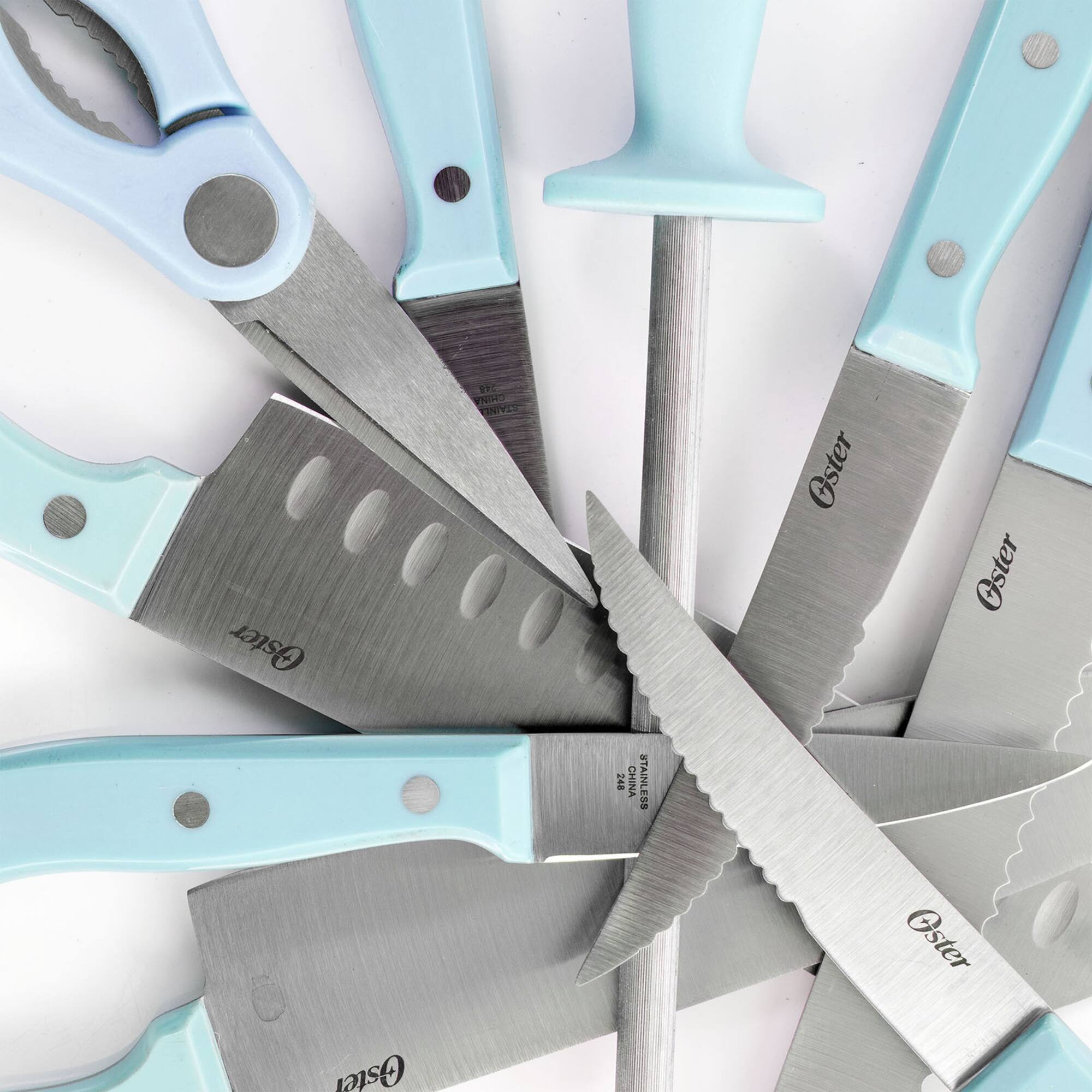 Oster Steffen 14-Piece Blue Stainless Steel Cutlery Set with Storage Block